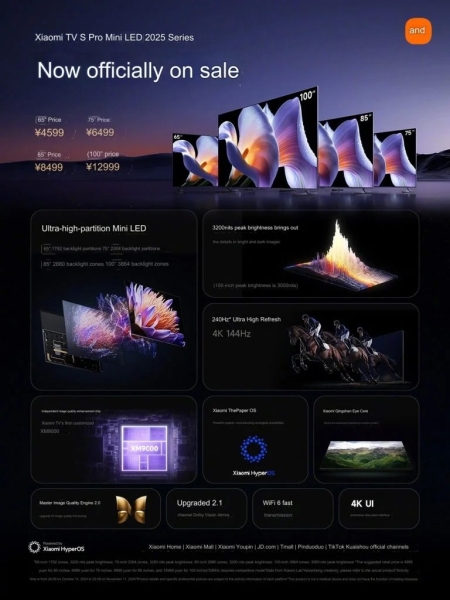 Xiaomi представила телевизоры TV S Pro Mini LED 2025 &mdash; 4K, до&nbsp;240 Гц и до 100 дюймов