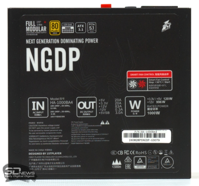 Обзор блока питания 1STPLAYER NGDP ATX 3.1 GOLD 1000W (HA1000-BA4)