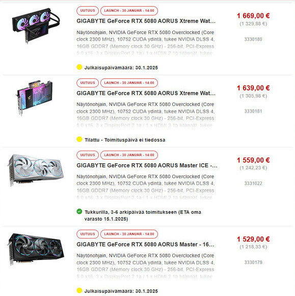 Кастомные GeForce RTX 5080 показались у финского ретейлера по ценам от &euro;1229