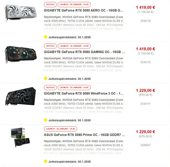 Кастомные GeForce RTX 5080 показались у финского ретейлера по ценам от &euro;1229