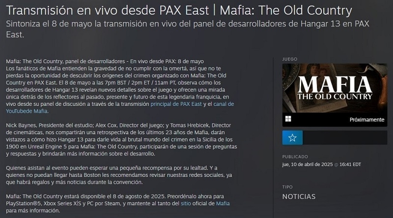 Разработчики Mafia: The Old Country случайно «слили» дату выхода игры — утечка произошла в Steam